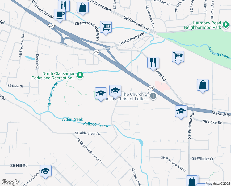 map of restaurants, bars, coffee shops, grocery stores, and more near 5800 Southeast Kellogg Creek Drive in Milwaukie