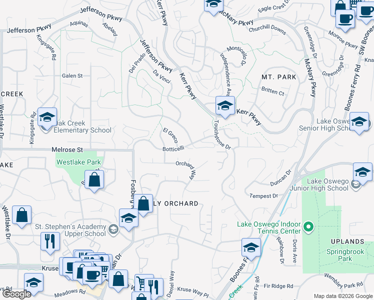 map of restaurants, bars, coffee shops, grocery stores, and more near 3896 Botticelli Street in Lake Oswego