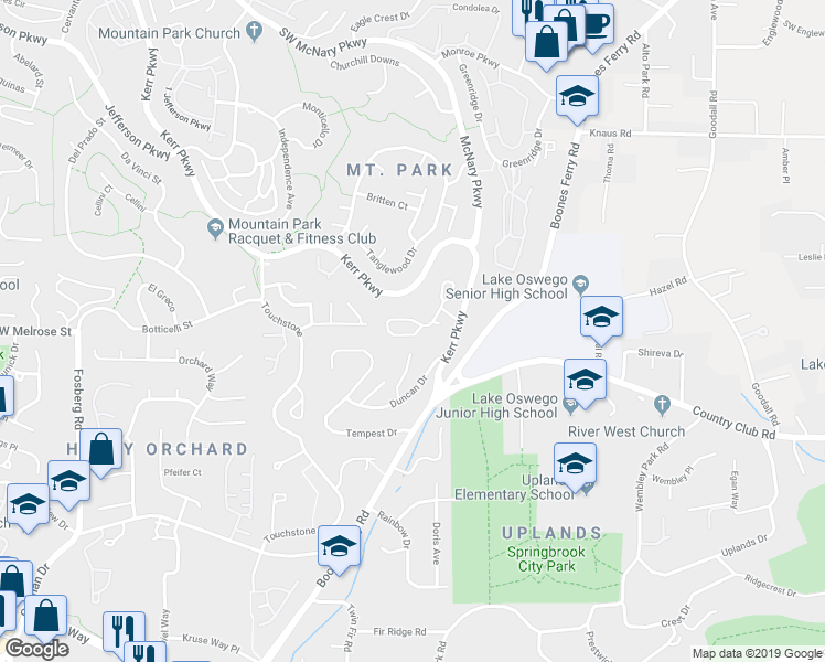 map of restaurants, bars, coffee shops, grocery stores, and more near 21 Mountain Circle in Lake Oswego