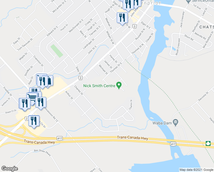 map of restaurants, bars, coffee shops, grocery stores, and more near 17 Allan Bond Court in Arnprior