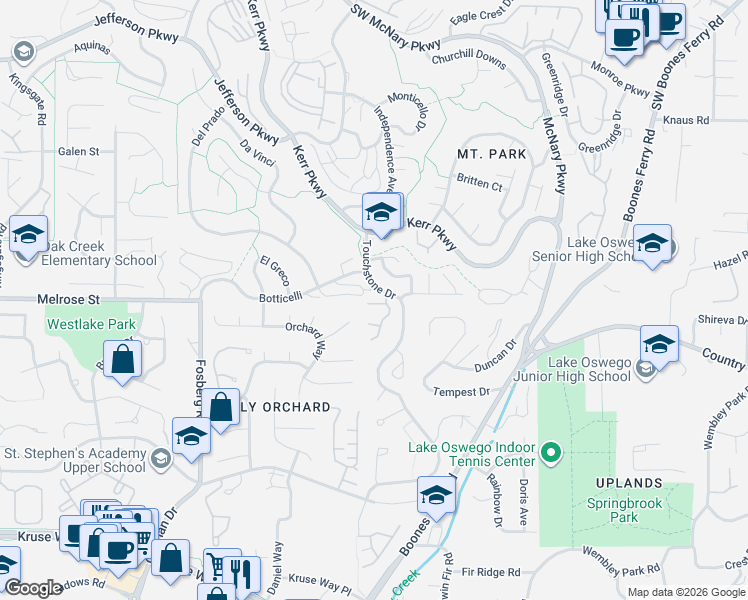 map of restaurants, bars, coffee shops, grocery stores, and more near 115 Touchstone Terrace in Lake Oswego