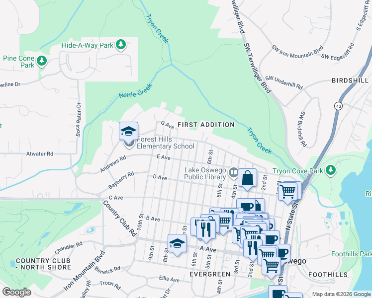 map of restaurants, bars, coffee shops, grocery stores, and more near 871 8th Street in Lake Oswego