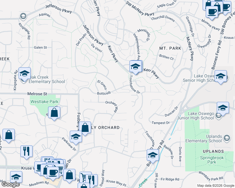 map of restaurants, bars, coffee shops, grocery stores, and more near 3868 Botticelli in Lake Oswego