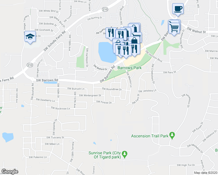 map of restaurants, bars, coffee shops, grocery stores, and more near 12999 Southwest Mayview Way in Tigard