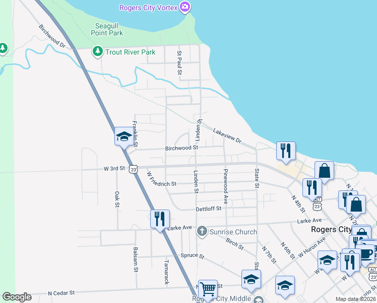 map of restaurants, bars, coffee shops, grocery stores, and more near 1225 Birchwood Street in Rogers City