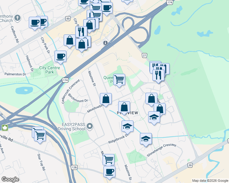 map of restaurants, bars, coffee shops, grocery stores, and more near 1641 Meadowbrook Road in Ottawa