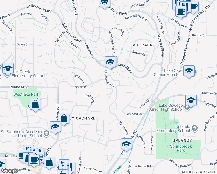 map of restaurants, bars, coffee shops, grocery stores, and more near 115 Touchstone Terrace in Lake Oswego