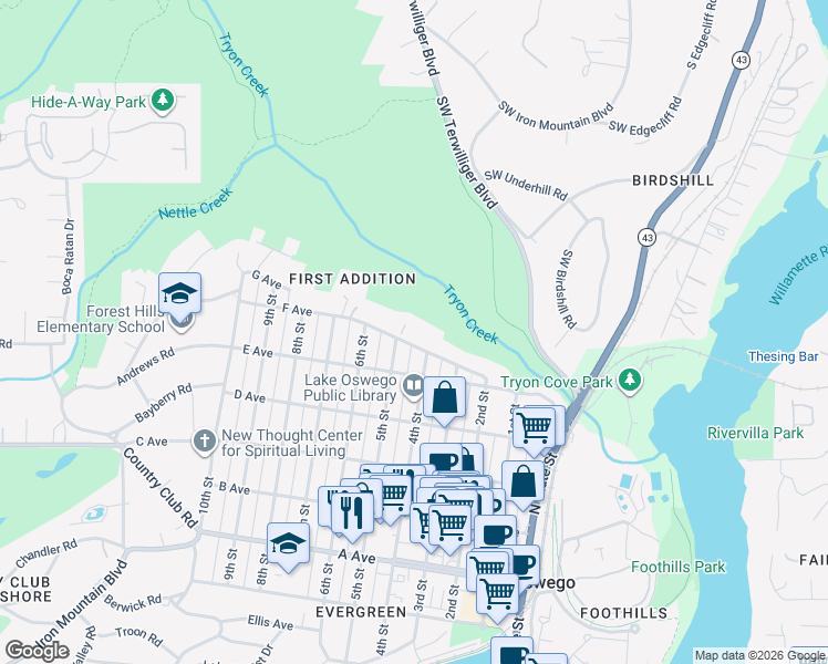 map of restaurants, bars, coffee shops, grocery stores, and more near 455 G Avenue in Lake Oswego