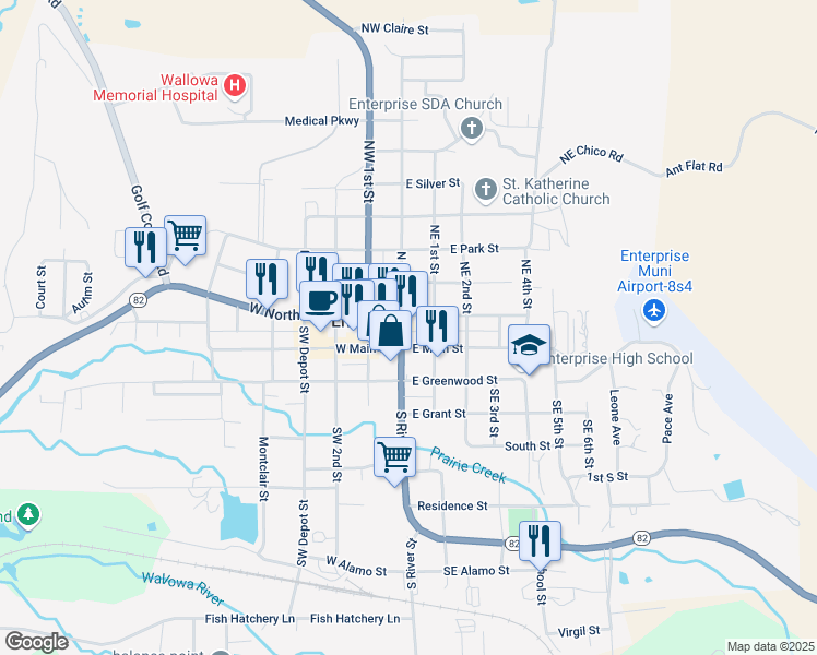 map of restaurants, bars, coffee shops, grocery stores, and more near 107 North River Street in Enterprise