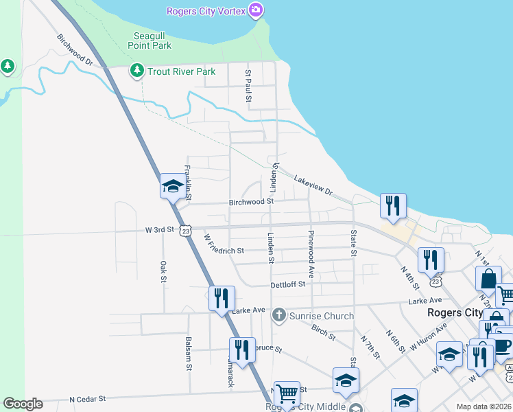 map of restaurants, bars, coffee shops, grocery stores, and more near 1225 Birchwood Street in Rogers City
