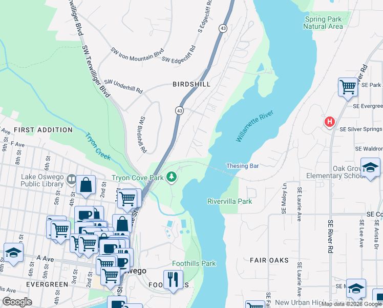 map of restaurants, bars, coffee shops, grocery stores, and more near 13740 Fielding Road in Lake Oswego