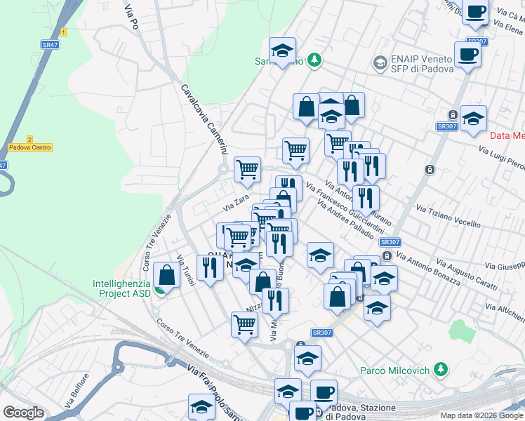 map of restaurants, bars, coffee shops, grocery stores, and more near 9 Via Abbazia in Padova