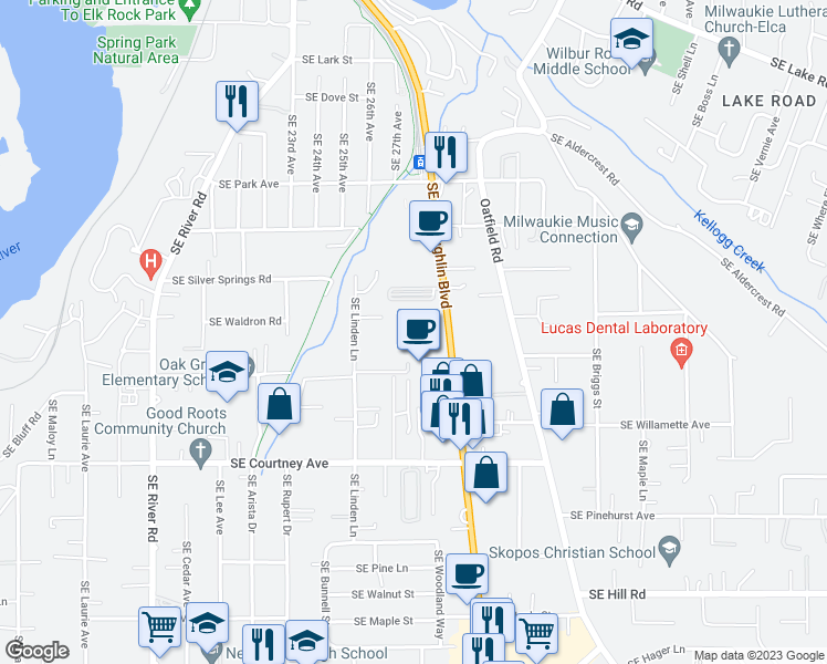 map of restaurants, bars, coffee shops, grocery stores, and more near 13409 Southeast McLoughlin Boulevard in Milwaukie