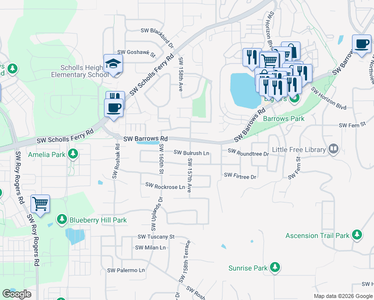 map of restaurants, bars, coffee shops, grocery stores, and more near 15815 Southwest Bulrush Lane in Tigard