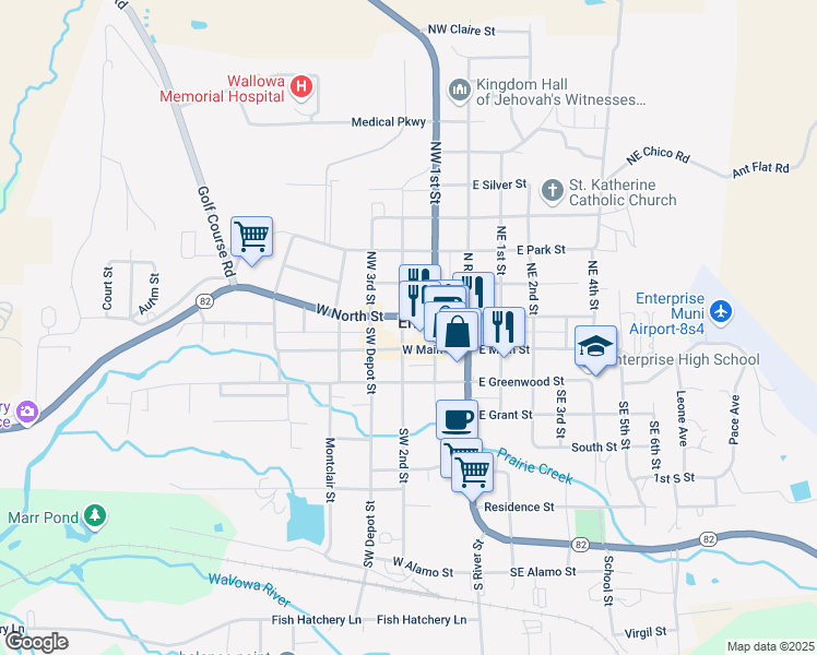 map of restaurants, bars, coffee shops, grocery stores, and more near National Forest Development Road 302 in Enterprise