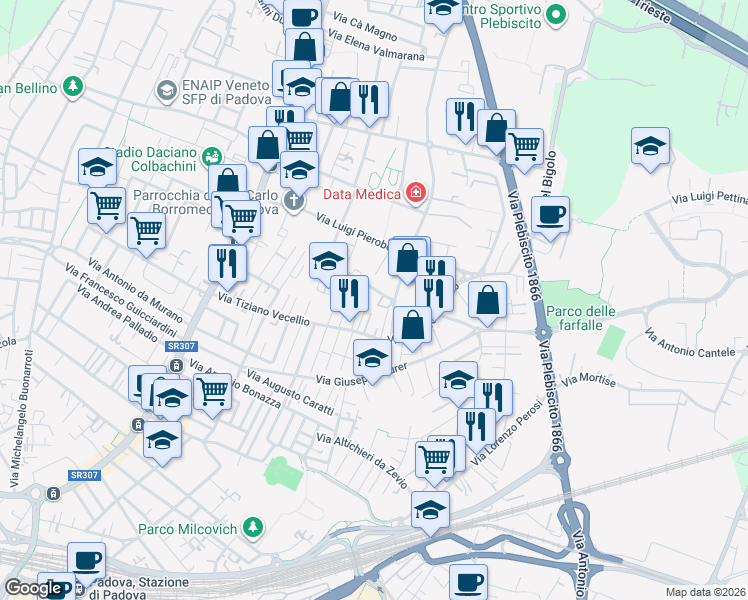 map of restaurants, bars, coffee shops, grocery stores, and more near 18 Via Leonardo da Vinci in Padova