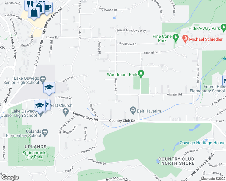 map of restaurants, bars, coffee shops, grocery stores, and more near 13741 Knaus Road in Lake Oswego