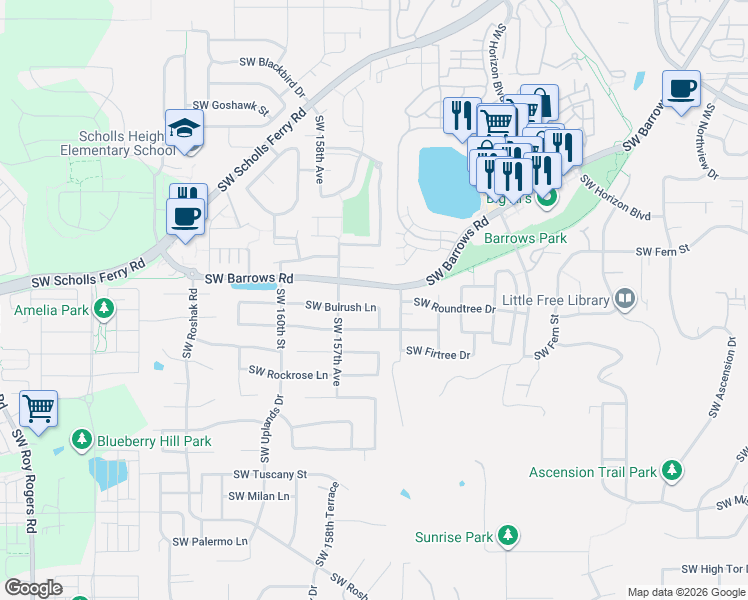 map of restaurants, bars, coffee shops, grocery stores, and more near 15575 Southwest Bulrush Lane in Tigard