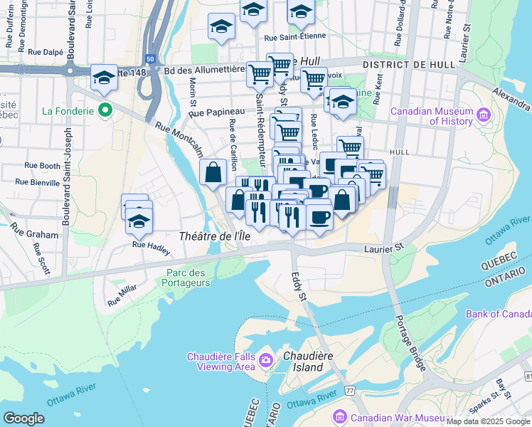 map of restaurants, bars, coffee shops, grocery stores, and more near in Gatineau