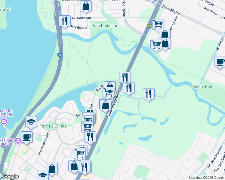 map of restaurants, bars, coffee shops, grocery stores, and more near in La Prairie