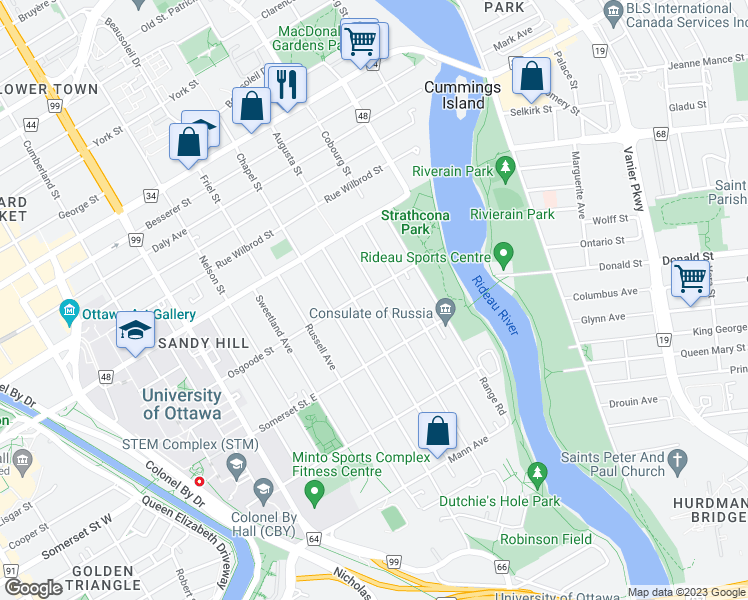 map of restaurants, bars, coffee shops, grocery stores, and more near 82 Goulburn Avenue in Ottawa