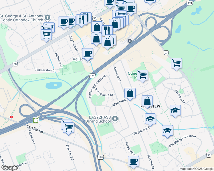 map of restaurants, bars, coffee shops, grocery stores, and more near 1317 Marigold Crescent in Ottawa