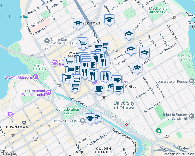 map of restaurants, bars, coffee shops, grocery stores, and more near 48 Daly Avenue in Ottawa