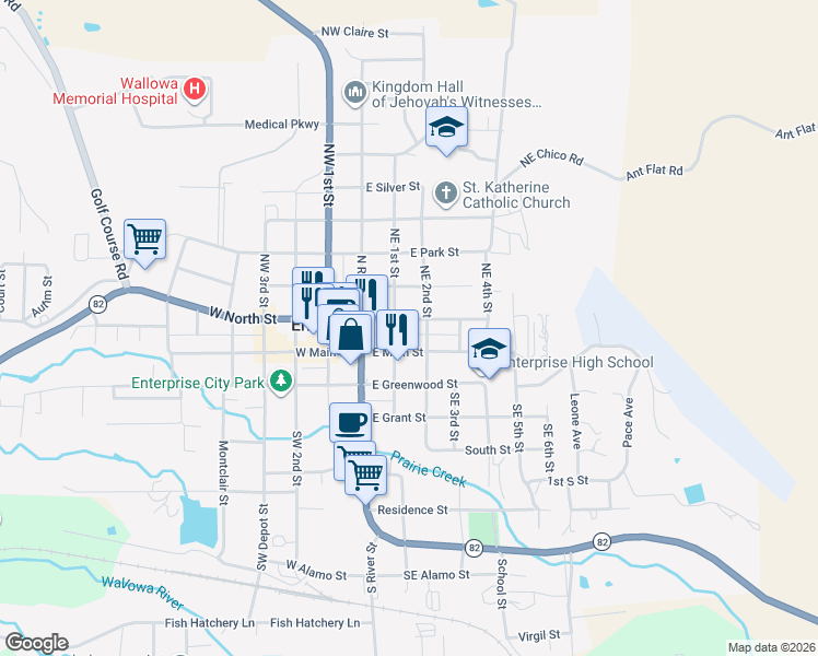 map of restaurants, bars, coffee shops, grocery stores, and more near 202 East North Street in Enterprise