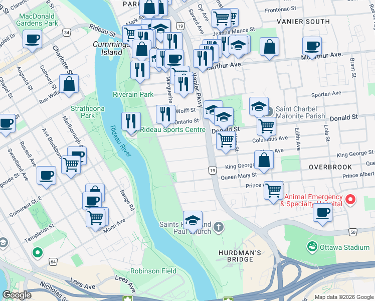 map of restaurants, bars, coffee shops, grocery stores, and more near 34 Columbus Avenue in Ottawa