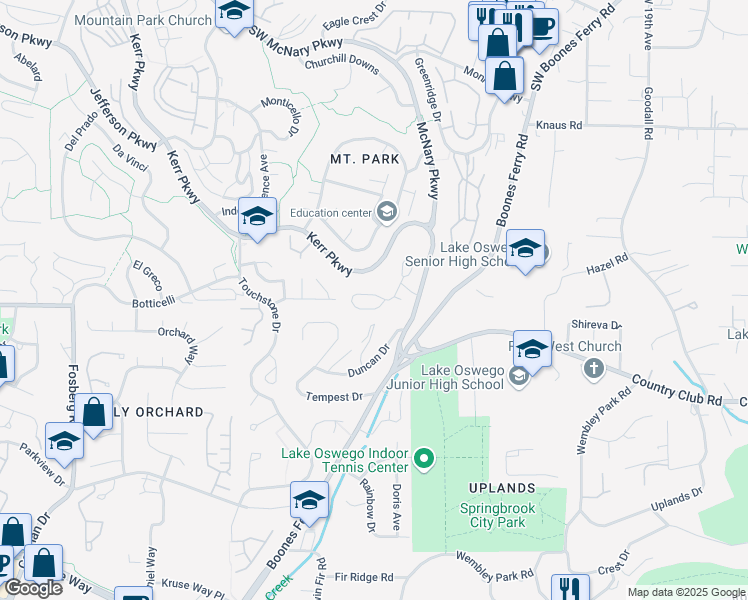 map of restaurants, bars, coffee shops, grocery stores, and more near 6 Mountain Circle in Lake Oswego