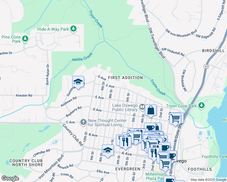 map of restaurants, bars, coffee shops, grocery stores, and more near 883 8th Street in Lake Oswego