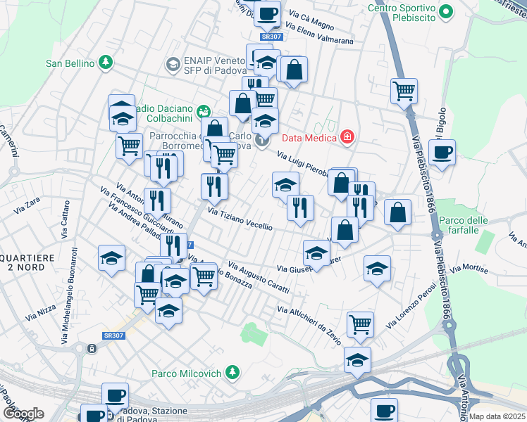map of restaurants, bars, coffee shops, grocery stores, and more near 3 Via Nicola Amati in Padova