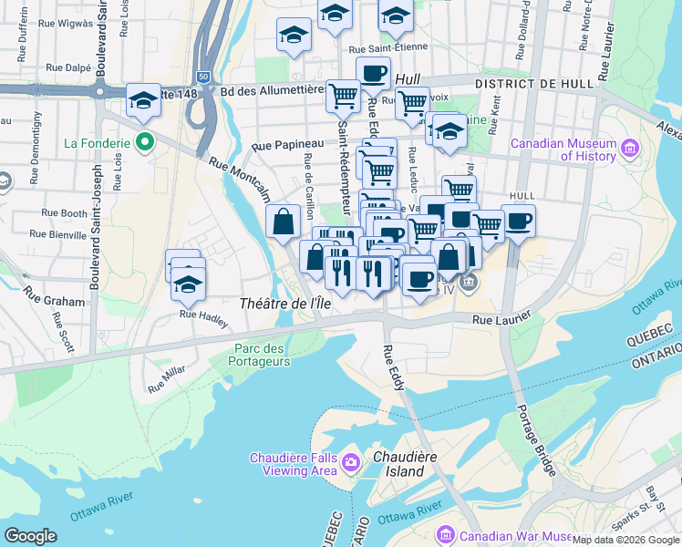 map of restaurants, bars, coffee shops, grocery stores, and more near 67 Rue Wellington in Gatineau