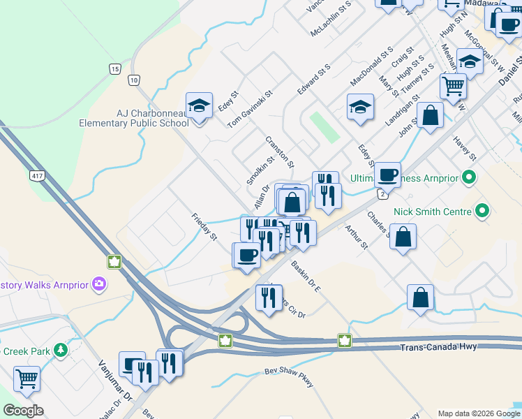 map of restaurants, bars, coffee shops, grocery stores, and more near 260 Allan Drive in Arnprior