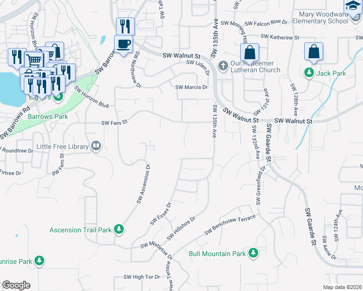 map of restaurants, bars, coffee shops, grocery stores, and more near 13784 Southwest Fern Street in Tigard