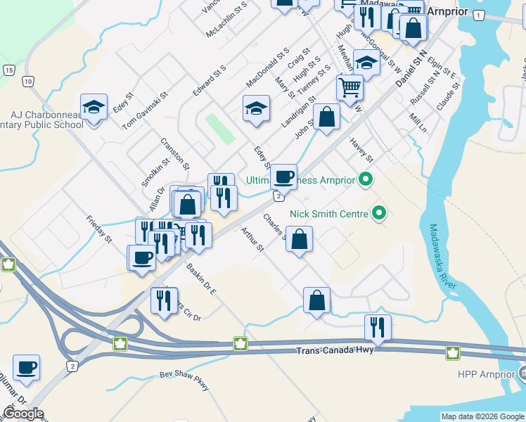 map of restaurants, bars, coffee shops, grocery stores, and more near 194 Daniel Street South in Arnprior