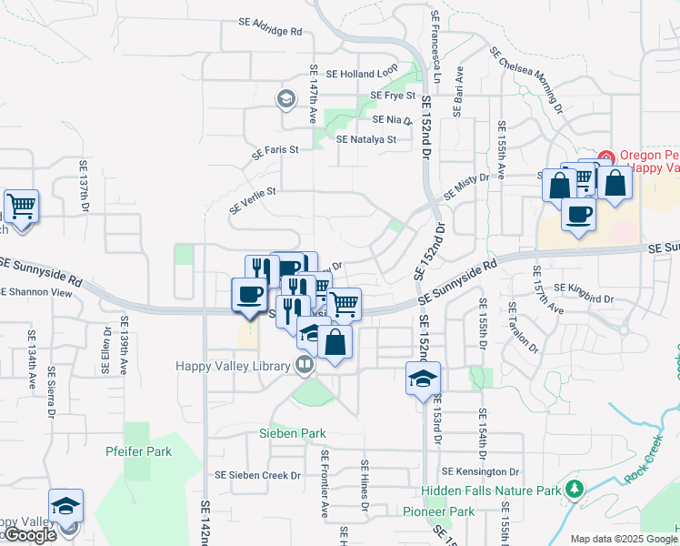 map of restaurants, bars, coffee shops, grocery stores, and more near 14724 Southeast Misty Drive in Happy Valley