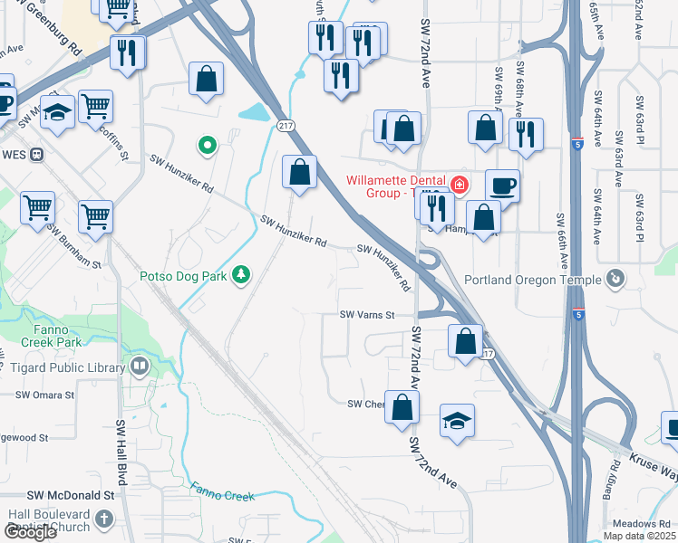 map of restaurants, bars, coffee shops, grocery stores, and more near 7585 Southwest Crestview Street in Portland
