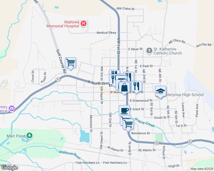map of restaurants, bars, coffee shops, grocery stores, and more near 302 West North Street in Enterprise