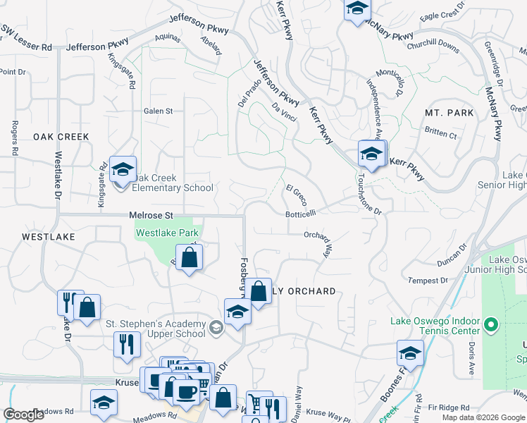 map of restaurants, bars, coffee shops, grocery stores, and more near 4308 Botticelli in Lake Oswego