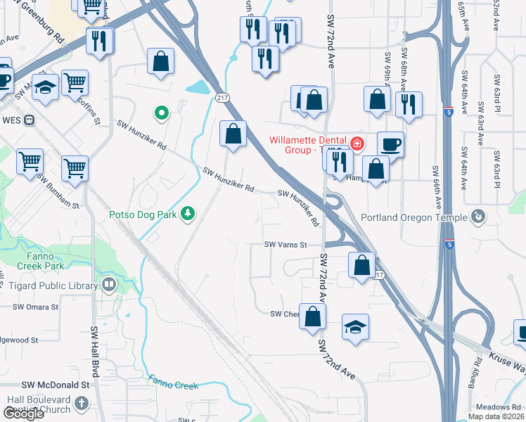 map of restaurants, bars, coffee shops, grocery stores, and more near 7585 Southwest Crestview Street in Portland