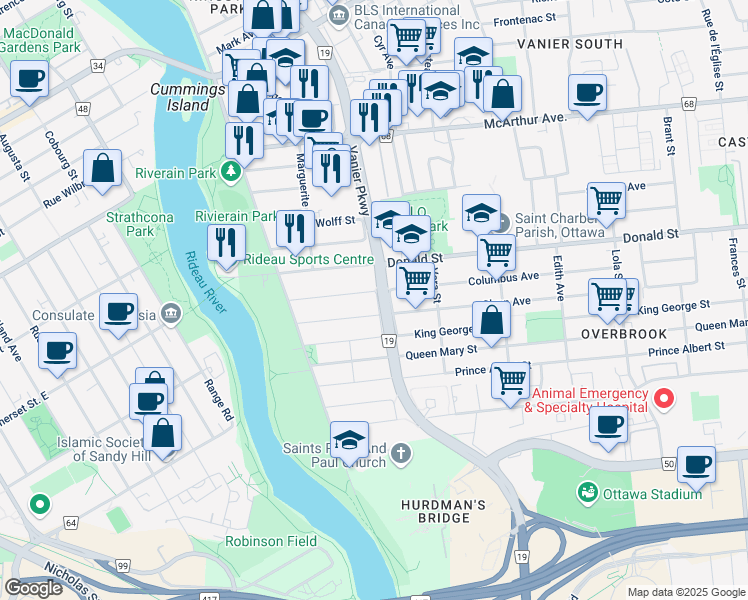 map of restaurants, bars, coffee shops, grocery stores, and more near 123 Glynn Avenue in Ottawa