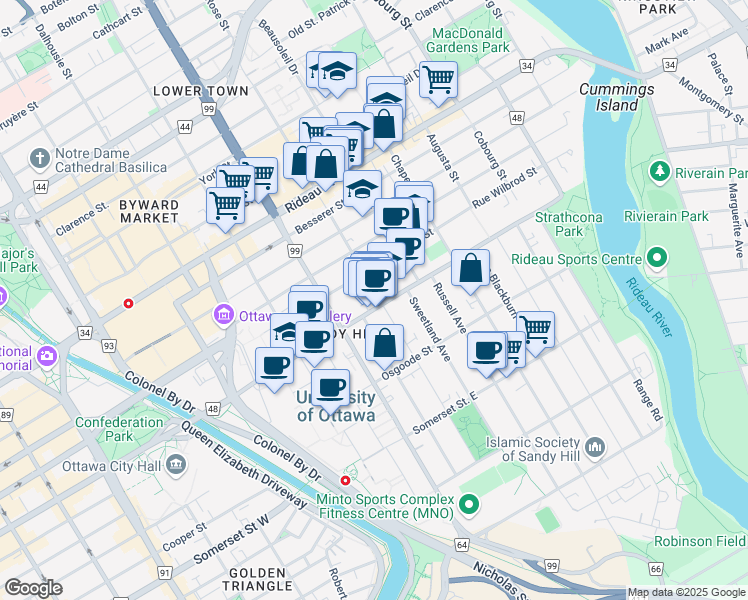 map of restaurants, bars, coffee shops, grocery stores, and more near in Ottawa