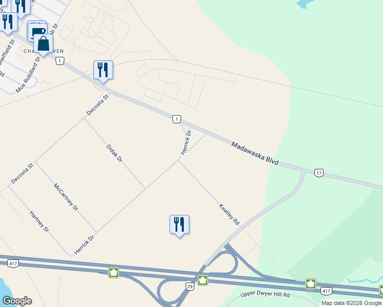 map of restaurants, bars, coffee shops, grocery stores, and more near 128 Connifer Lane in Arnprior