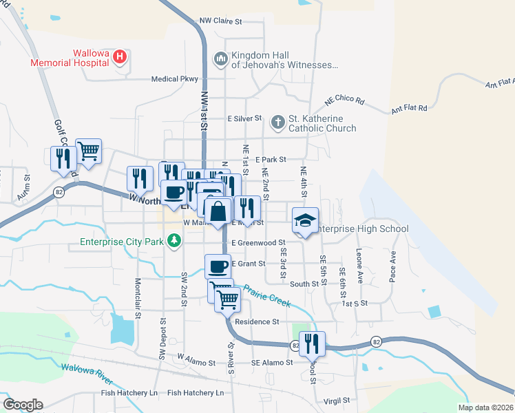 map of restaurants, bars, coffee shops, grocery stores, and more near 202 East North Street in Enterprise