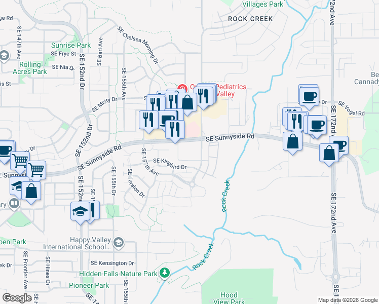 map of restaurants, bars, coffee shops, grocery stores, and more near 13169 Southeast 162nd Avenue in Clackamas