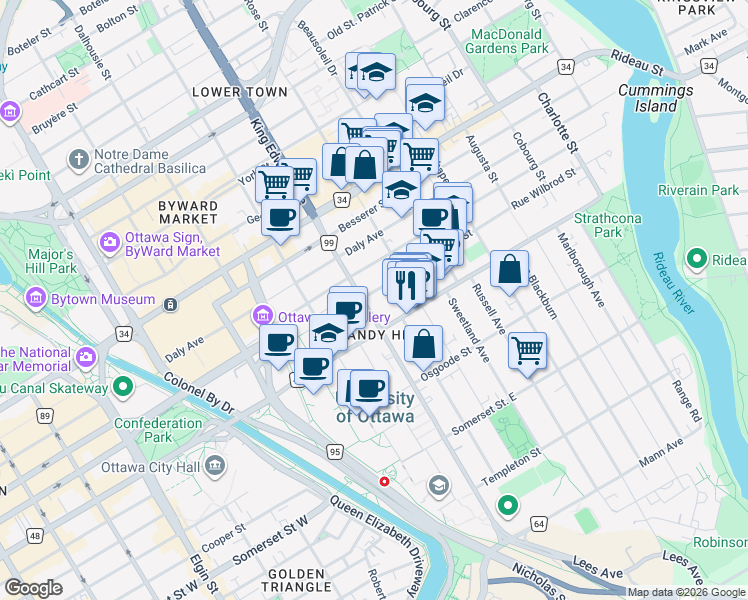 map of restaurants, bars, coffee shops, grocery stores, and more near 232 Wilbrod Street in Ottawa