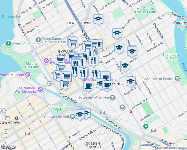 map of restaurants, bars, coffee shops, grocery stores, and more near in Ottawa