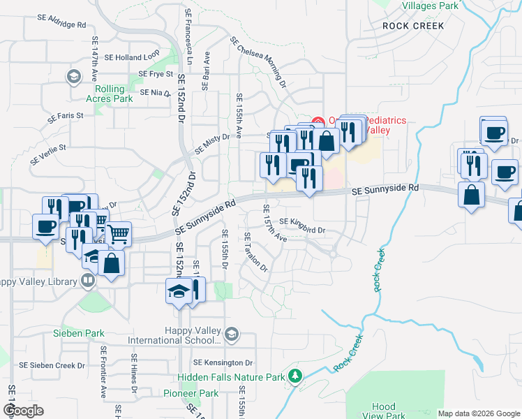 map of restaurants, bars, coffee shops, grocery stores, and more near 13314 Southeast Taralon Drive in Clackamas