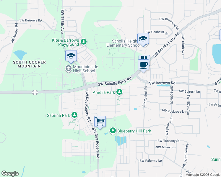 map of restaurants, bars, coffee shops, grocery stores, and more near 16804 Southwest Lemongrass Lane in Tigard